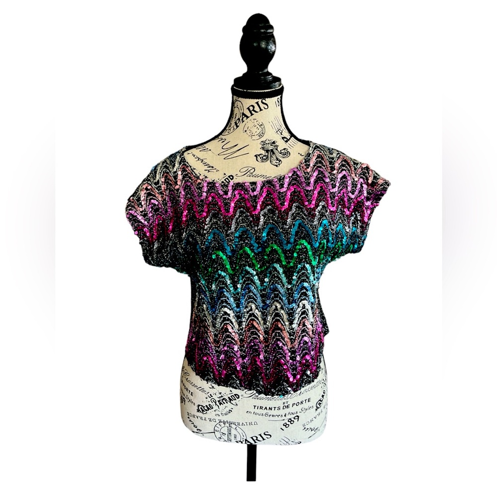 80’s SPARKLY Rainbow SEQUIN METALLIC Vintage DISCO GLAM TOP BLOUSE - S / M
